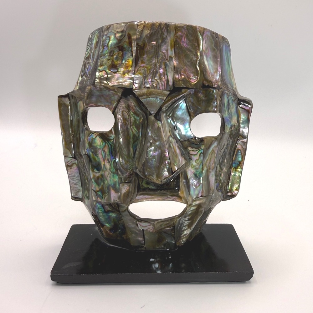 Unique Vintage Mosaic Abalone Shell Mayan Burial Face Mask Sculpture Stand